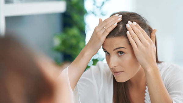 Woman inspecting scalp in the mirror