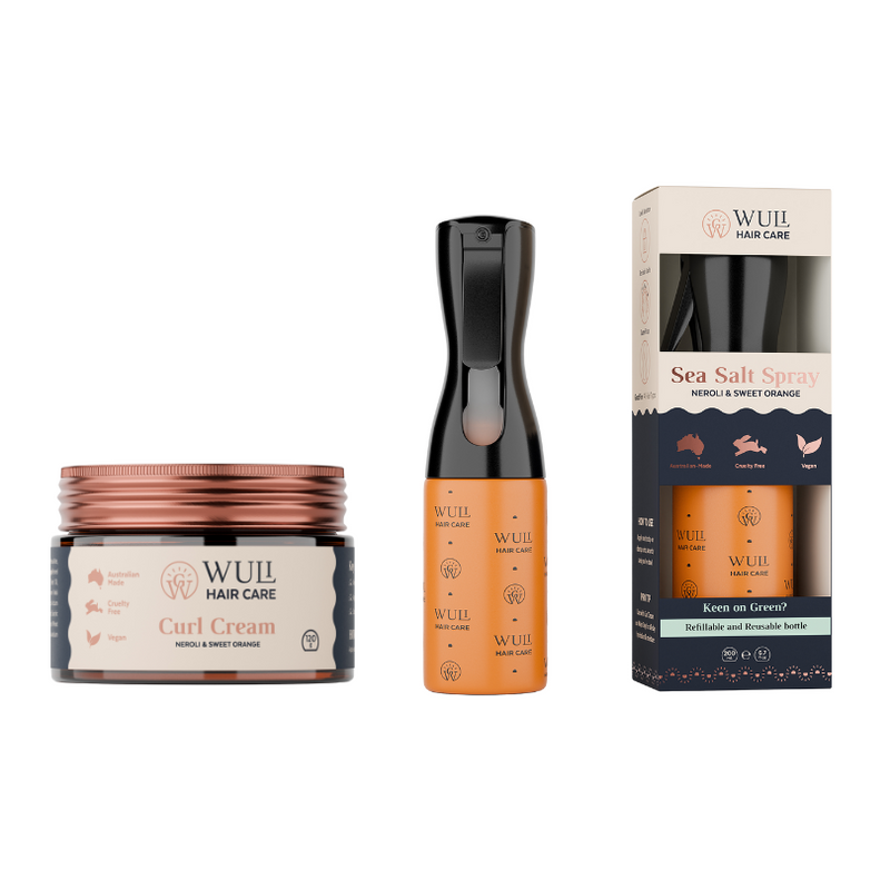 Wuli Hair Care Curl Cream Jar and Sea Salt Spray Carton in Neroli & Sweet Orange