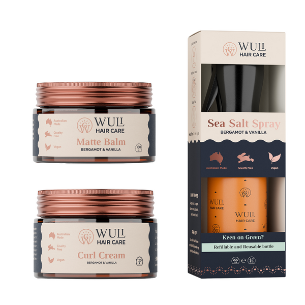 Wuli Hair Care Curl Cream, Matte Balm and Sea Salt Spray Bundle in Bergamot and Vanilla