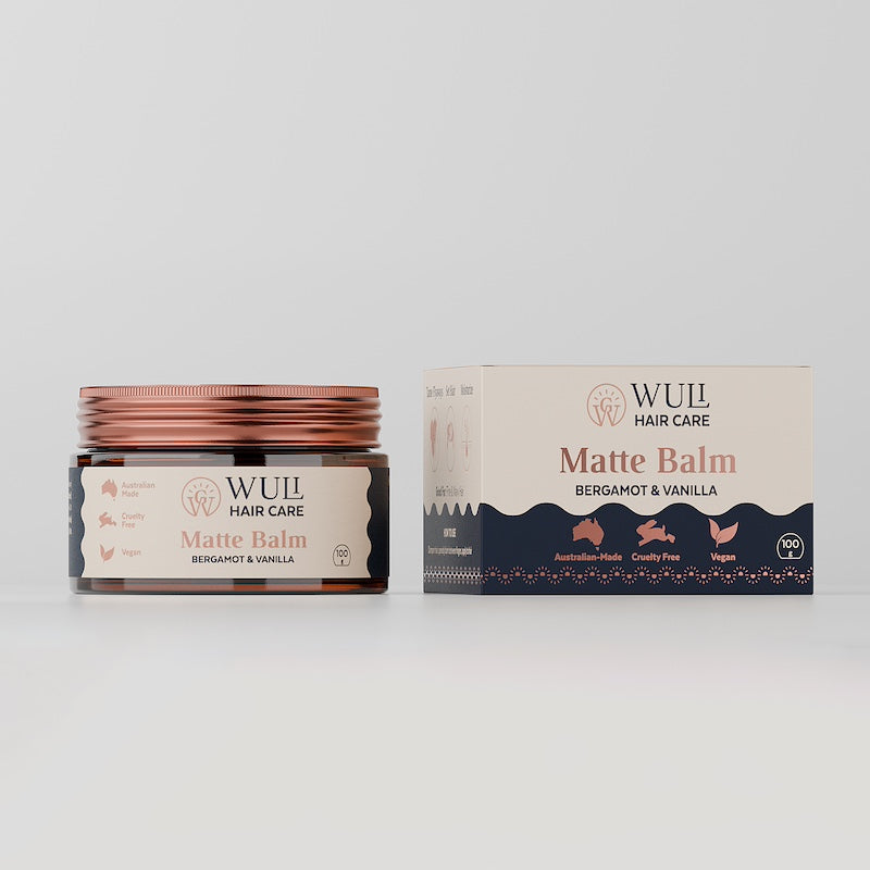 Wuli Hair Care Matte Balm Jar and Carton in Bergamot and Vanilla scent