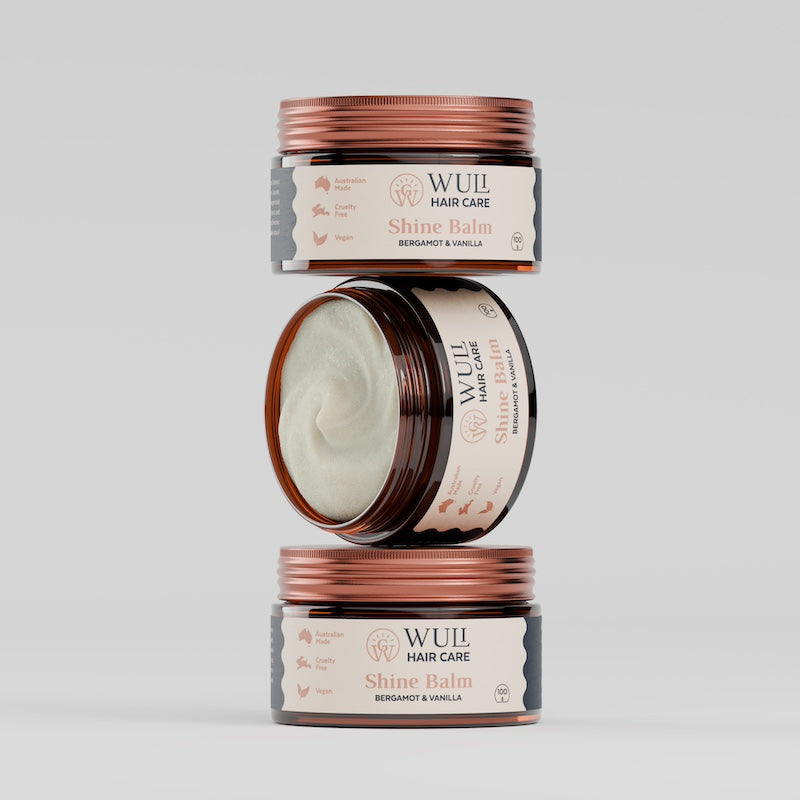 Wuli Hair Care Shine Balm Jars Stacked in Bergamot and Vanilla Scent